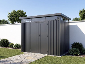 Premium-Gartenhaus aus Metall mit Flachdach und Flügeltür „Lexinton“ – 6,76 m² – Grau 2