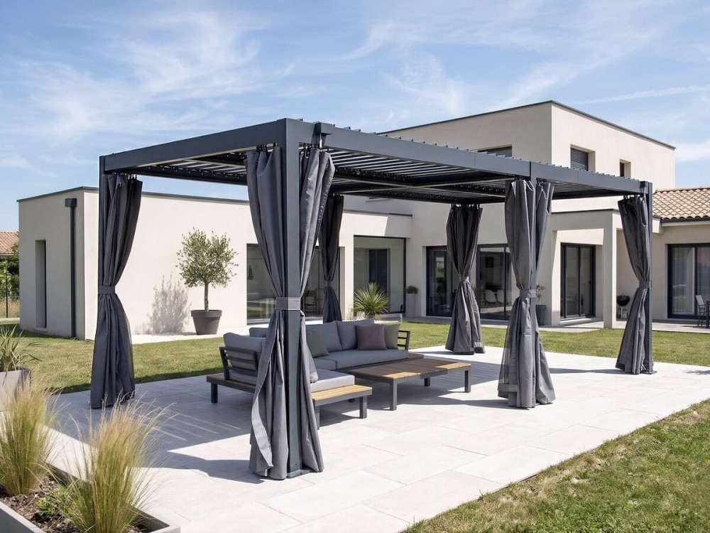 Bioklimatische Pergola aus Aluminium mit Vorhang und Moskitonetz "Kensington" - 3 x 5 m - Grau