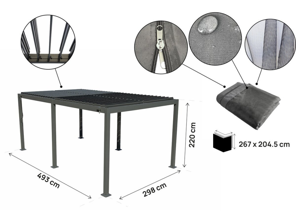 Bioklimatische Pergola aus Aluminium mit Vorhang und Moskitonetz "Kensington" - 3 x 5 m - Grau