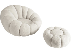 Sessel mit Hocker im Bubble-Stil aus Bouclé-Stoff "Élysée" - Creme
