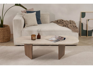 Couchtisch aus Holz "Ovalis" - 130 x 65 x 40 cm - Travertin / Nussbaum 2