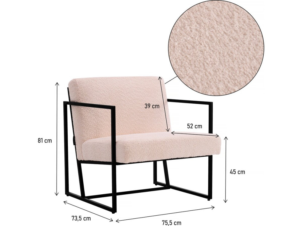 Sessel aus Samt und Metall "Kennedy" - 73. 5 x 75,5 x 81 cm - Creme