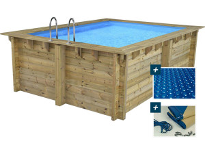 Holzpool rechteckig "Caimans" - 4,10 x 3,00 x 1,24 m + Luftpolster-Abdeckung 180 µ - Winterplane 280 g/m²