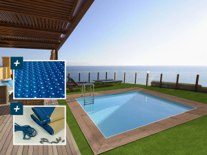 Holzpool rechteckig "Caimans" - 4,10 x 3,00 x 1,24 m + Luftpolster-Abdeckung 180 µ - Winterplane 280 g/m² 2