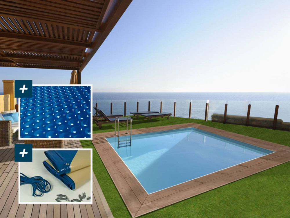 Holzpool rechteckig "Caimans" - 4,10 x 3,00 x 1,24 m + Luftpolster-Abdeckung 180 µ - Winterplane 280 g/m²