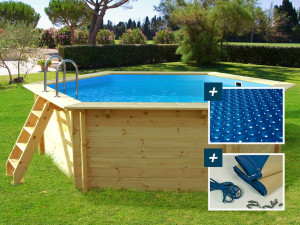 Holzpool "Hawai" - 4,10 x 1,20 m + Luftpolster-Abdeckplane  180 µ + Winterplane 280 g/m²