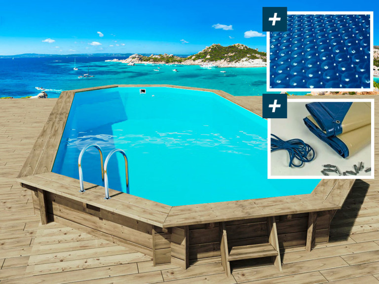 Holzpool "Ibiza 145" - 8,57 x 4,57 x 1,45 m + Luftpolster-Abdeckplane  180 µ + Winterplane 280 g/m²