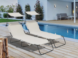 Klappbare Sonnenliege 2er-Set "Lazy" - Mit Sonnenschutz - Beige 2