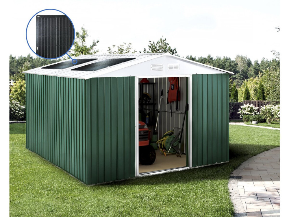 Gerätehaus aus Metall - "Rosas " - 10,85 m² mit Solarpaneelen - Grün