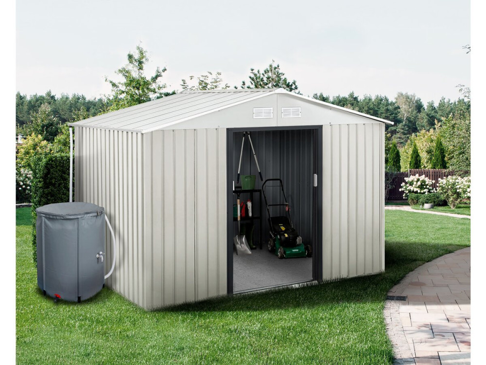 Metall-Gartenhaus "Nebraska" - 5,29 M² mit Dachrinne und Wasserauffangbehälter