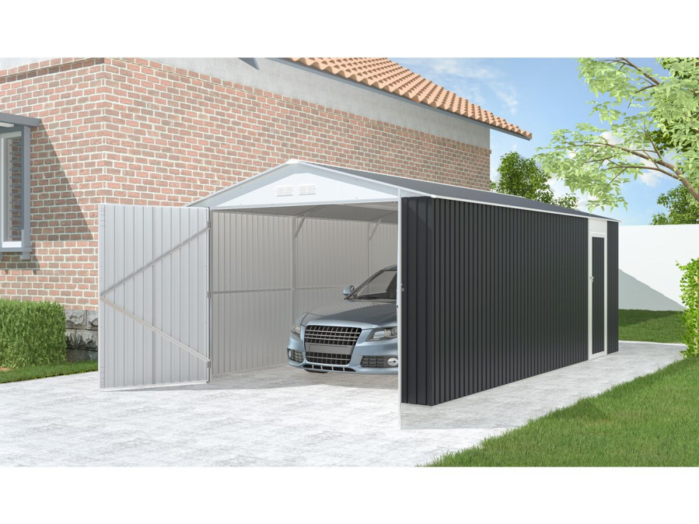 Metallgarage „Houston“ - 18,56 m² mit Dachrinne und Wasserauffangbecken - Anthrazit