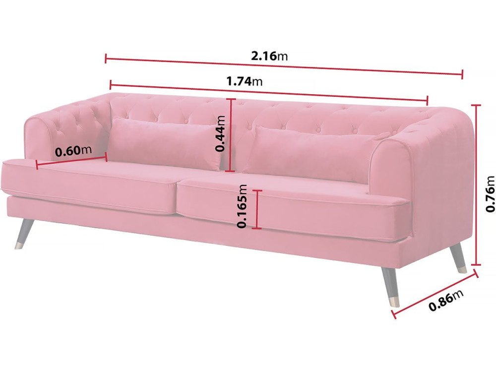 Sofa aus Samt "Gloria" - 216 x 86 x 76 cm - 3-Sitzer - Rot