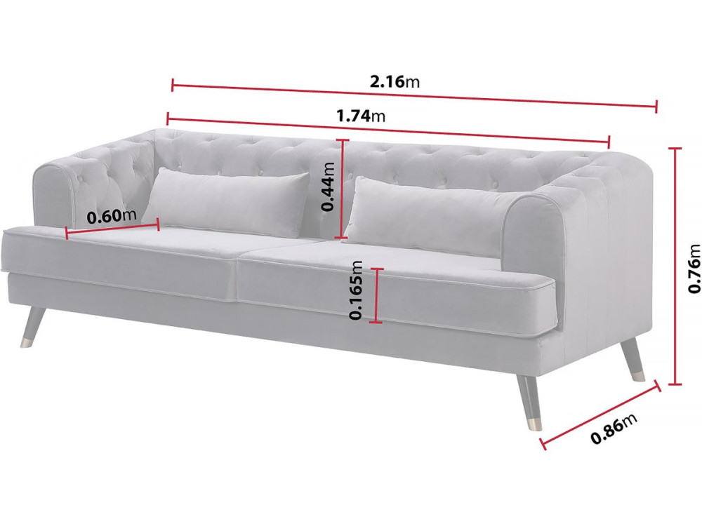 Sofa aus Samt "Gloria" - 216 x 86 x 76 cm - 3-Sitzer - Grau