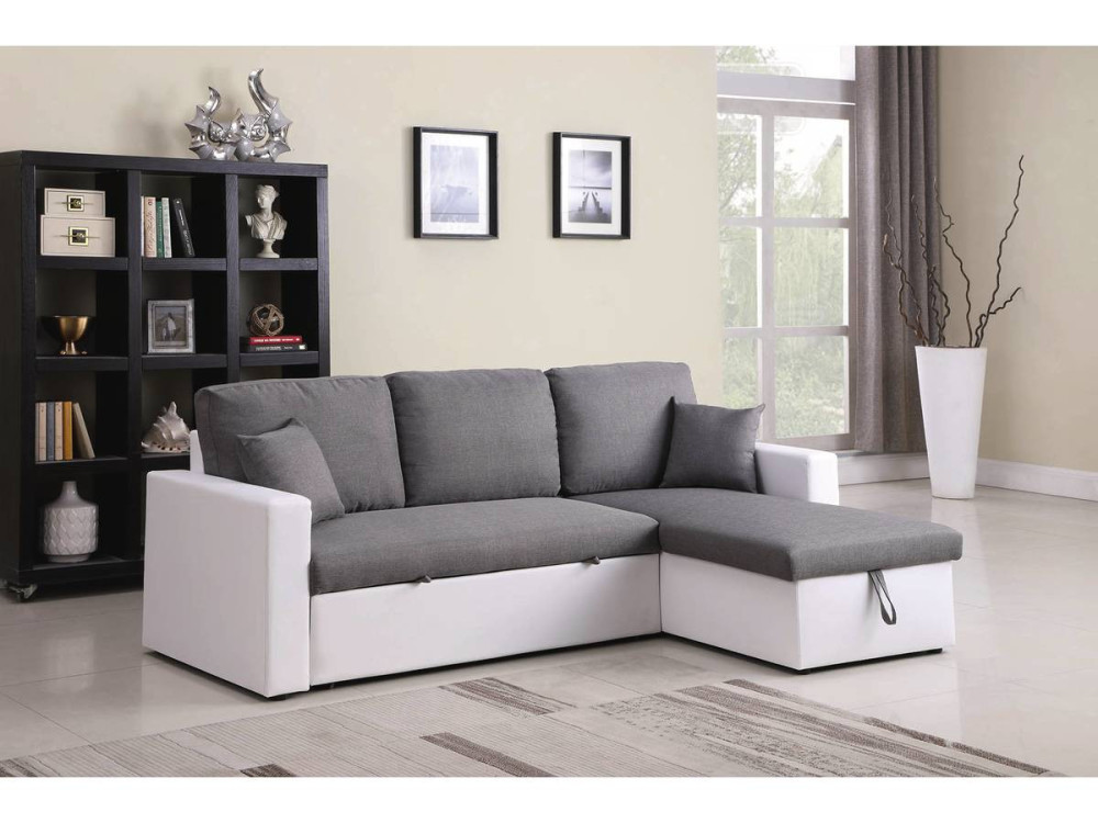 Ecksofa reversibel mit Schlaffunktion und Stauraum „Alain“ - 221 x 145 x 85 cm - 3-Sitzer - Weiß / Grau