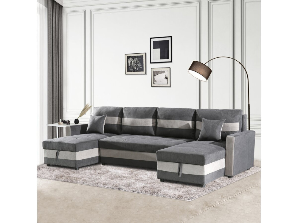 Panorama-Sofa mit Schlaffunktion und Stauraum "Antoine" - 5-Sitzer - Dunkelgrau/Hellgrau