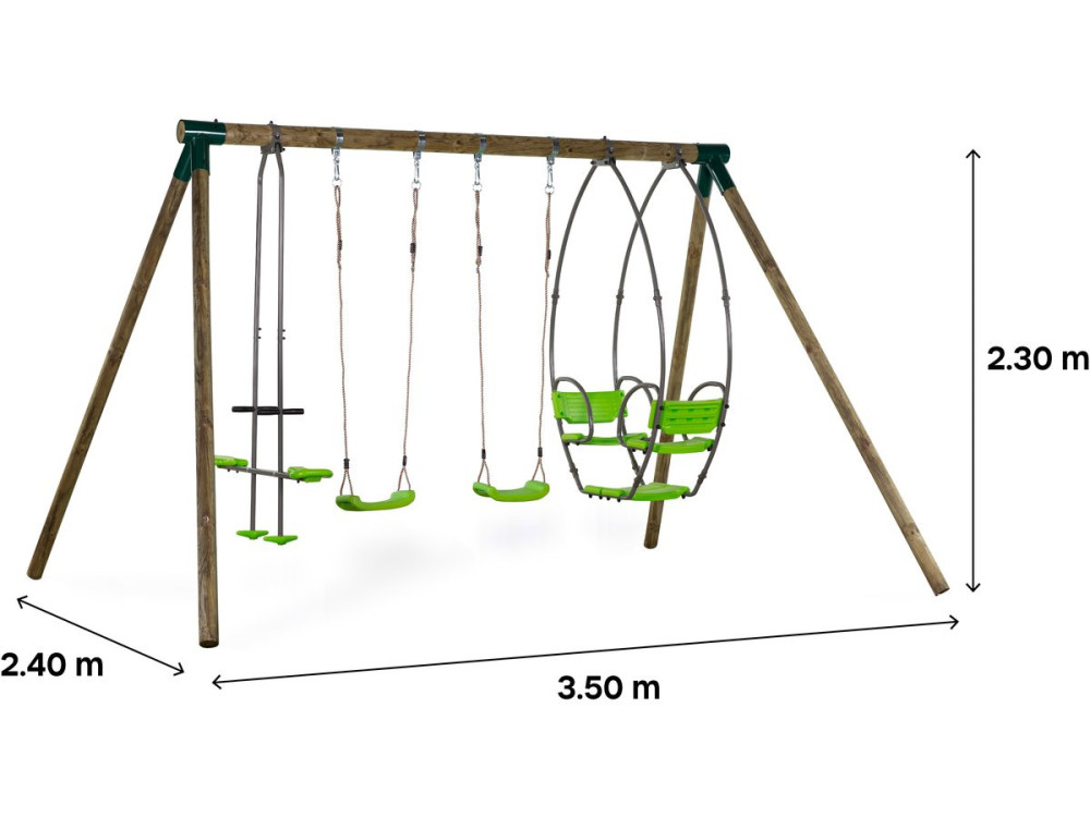 Holzschaukel "Nelio" - Mit 2 Schaukeln, 1 Wippe für 2 Kinder und Baby-Schaukel.