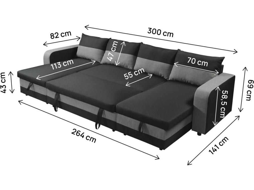 Panorama-Ecksofa mit Stoffbezug "Victor" - 4-Sitzer - Schwarz